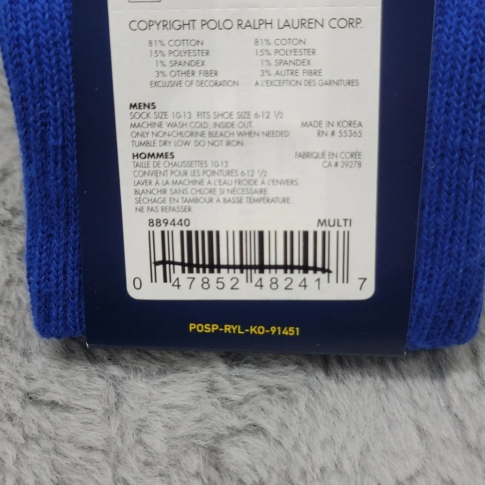 Polo Ralph Lauren Socks Mens 6-12.5 Multicolor Stripe Crest Pony Crew Mid Calf